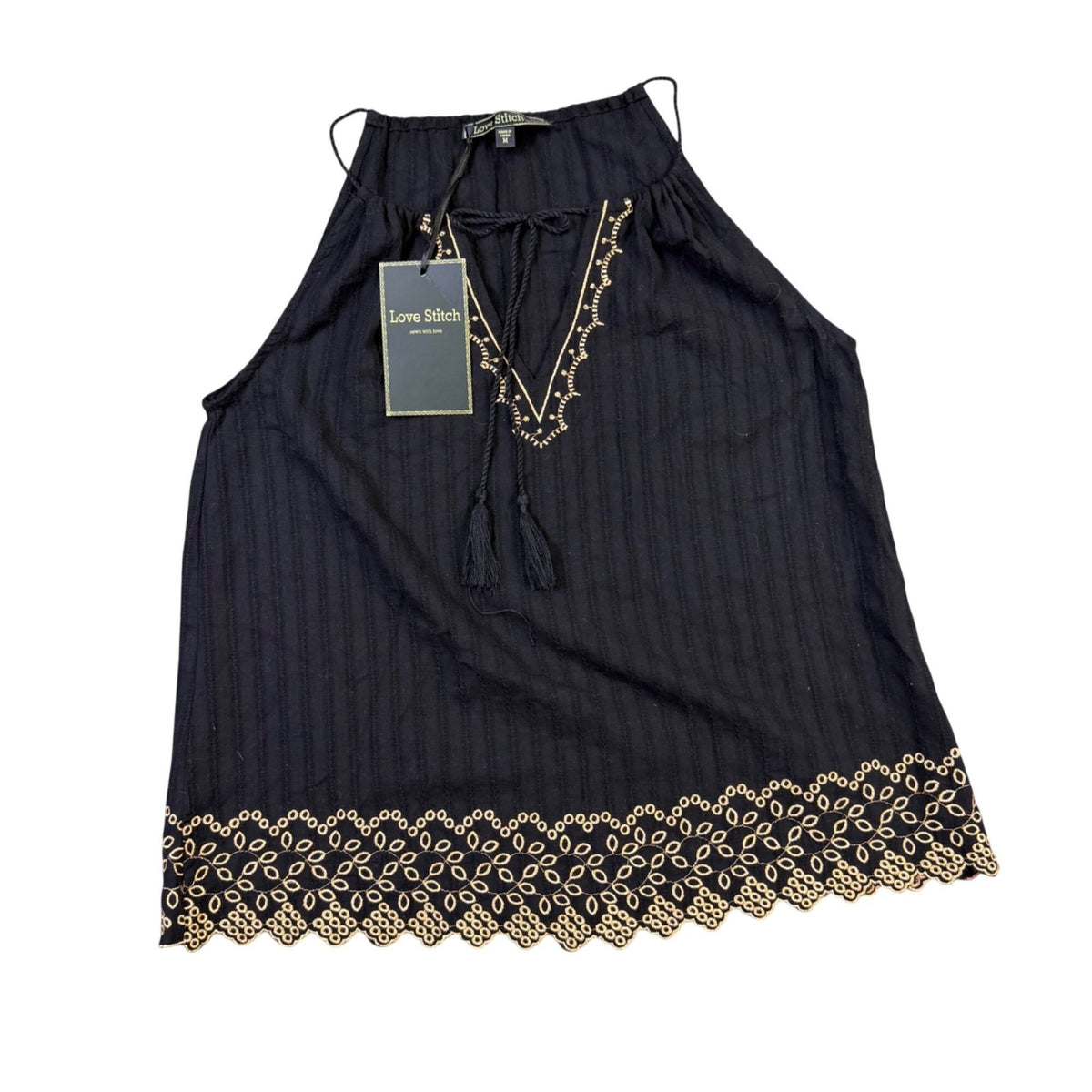 Love Stitch Womens Black Embroidered Sleeveless Halter Tank Top Size M