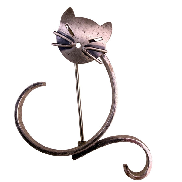 Beau Womens Sterling Silver Tone Metal Cat Shape Brooch Vintage Modernist