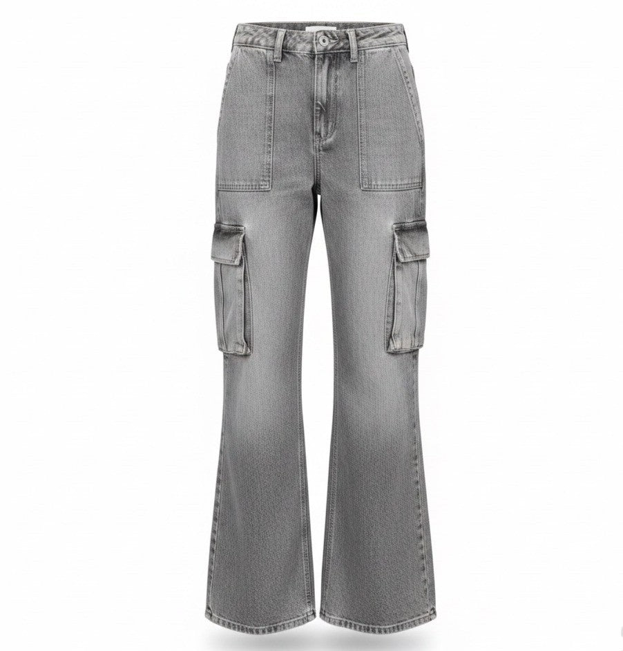 Zara Womens Gray Denim Wide-Leg Cargo Pants With Side Straps Size 2