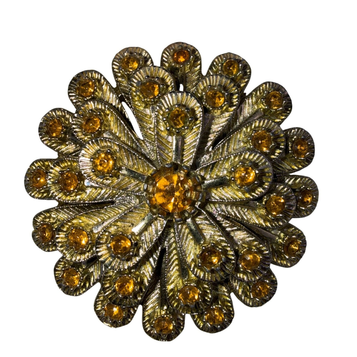 Amber Tone Rhinestone Flower Brooch Dome Layered Metal Women’s Jewelry
