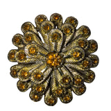 Amber Tone Rhinestone Flower Brooch Dome Layered Metal Women’s Jewelry