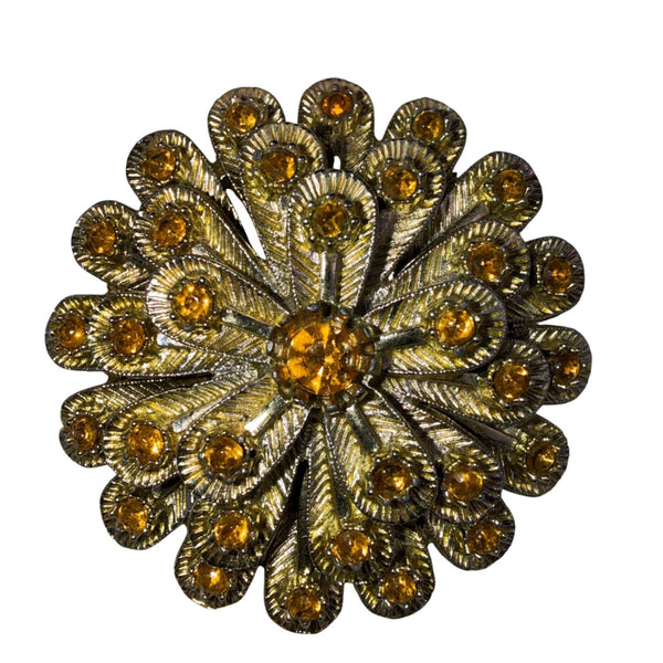 Amber Tone Rhinestone Flower Brooch Dome Layered Metal Women’s Jewelry