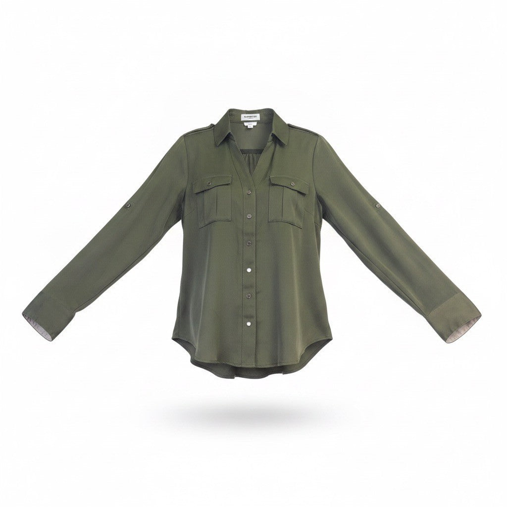 Express Womens Olive Green Portofino Slim-Fit Button-Up Blouse Long Sleeve Sz S