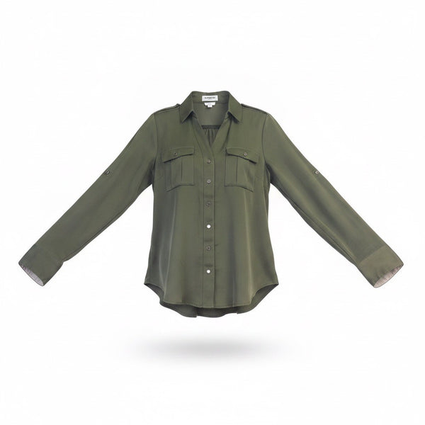 Express Womens Olive Green Portofino Slim-Fit Button-Up Blouse Long Sleeve Sz S