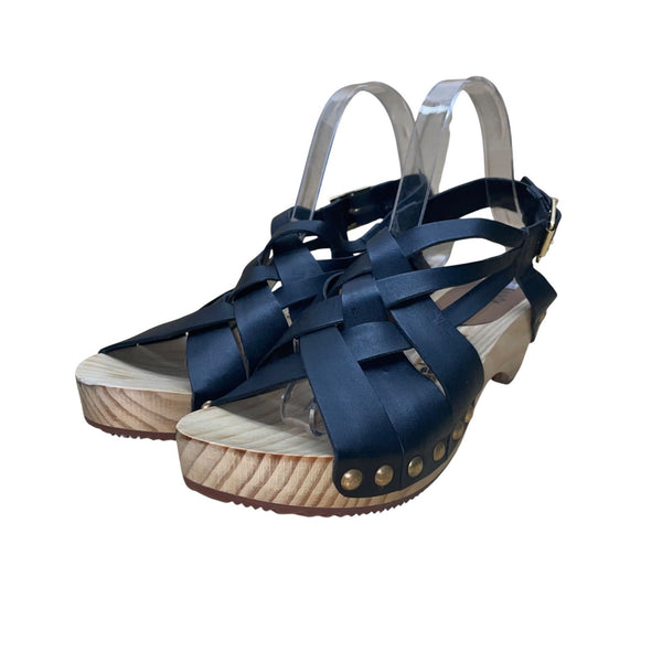 Jax & Bard Women’s Black Leather Studded Style Wooden Base Sandals Size 8.5-9 US