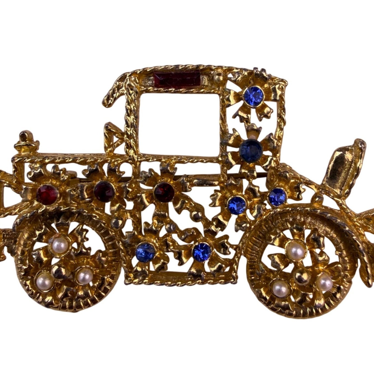 Vintage Gold-Tone Womens Brooch Model T Car Design Faux Pearls Rhinestones