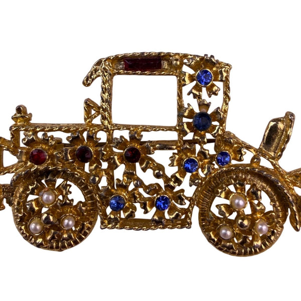 Vintage Gold-Tone Womens Brooch Model T Car Design Faux Pearls Rhinestones