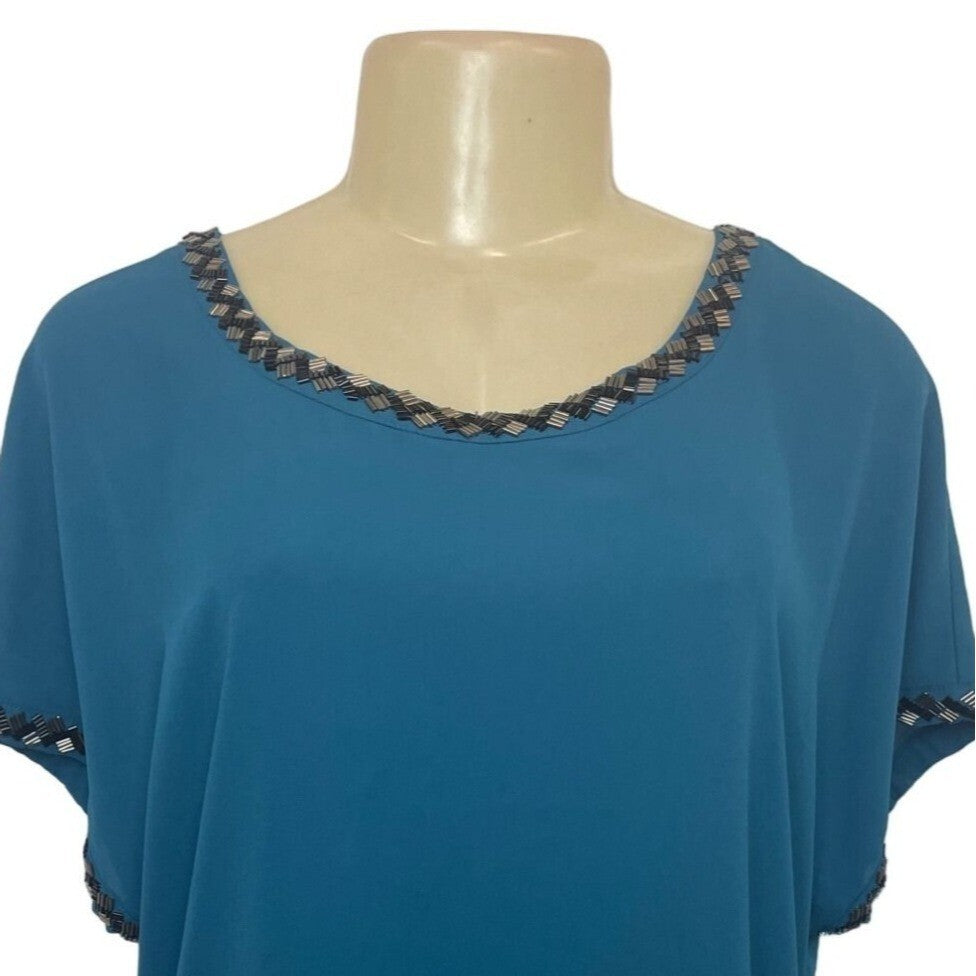 Pleione Women's Blue Blouse Shirt With Bead Accents Sz L- NWT