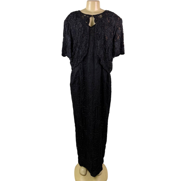 Sténay Womens Black Silk Beaded Evening Gown With Sheer Jacket  Elegant Size 20