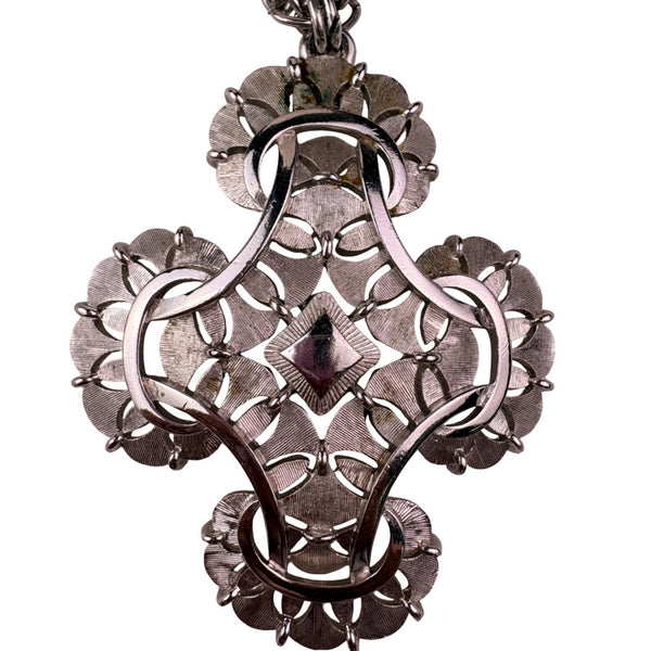 Trifari Womens Silver Tone Metal Cross Pendant Necklace  Chain Vintage Design