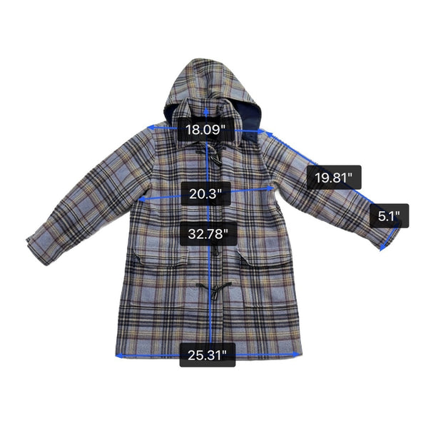L.L. Bean Womens Plaid Wool-Blend Hooded Toggle Coat Blue/Yellow Sz M