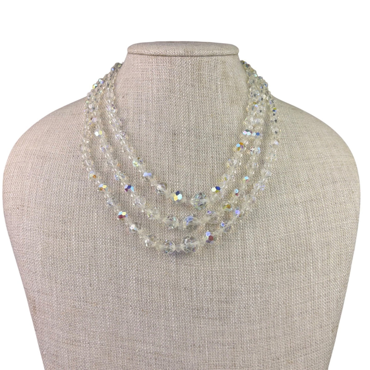 Aurora Borealis Womens Crystal Necklace & Clip-On Earrings Vintage Set Silver To