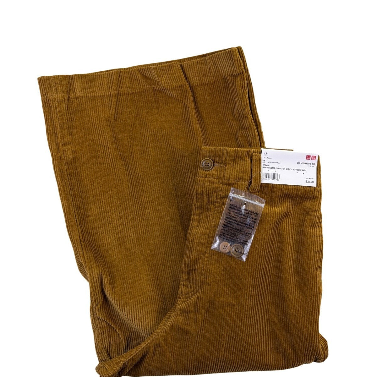 Uniqlo Women Brown Cotton Corduroy High-Waisted Wide Cropped Pants Size 2