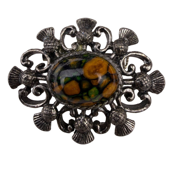 Vintage Womens Silver Tone Brooch With Multicolor Stone & Thistle Design