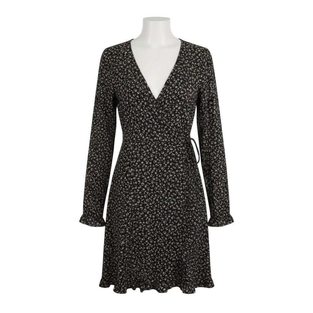 Gilli Womens Black Floral Wrap Dress Long Sleeve Midi Length Ruffle Hem Size M