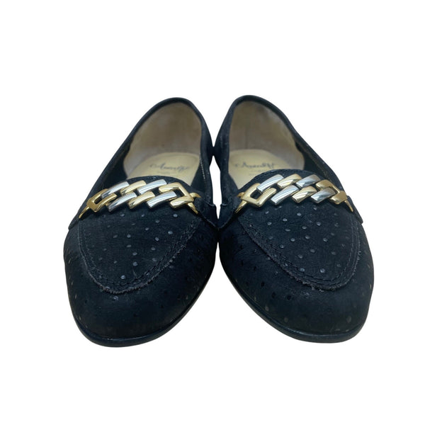 Amalfi By Rangoni Women’s Black Leather Loafers Gold Accent Flat Shoes Size 6.5M