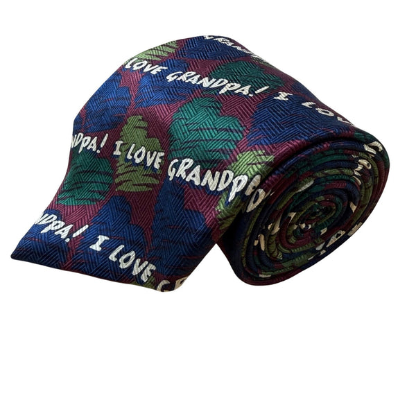 Ralph Marlin Mens Multicolor Polyester Novelty Tie "I Love Grandpa" Pattern 