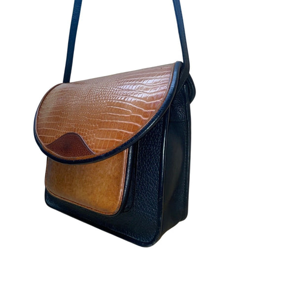Black & Brown Faux Croc Embossed Leather Flap Magnetic Closure Crossbody Bag