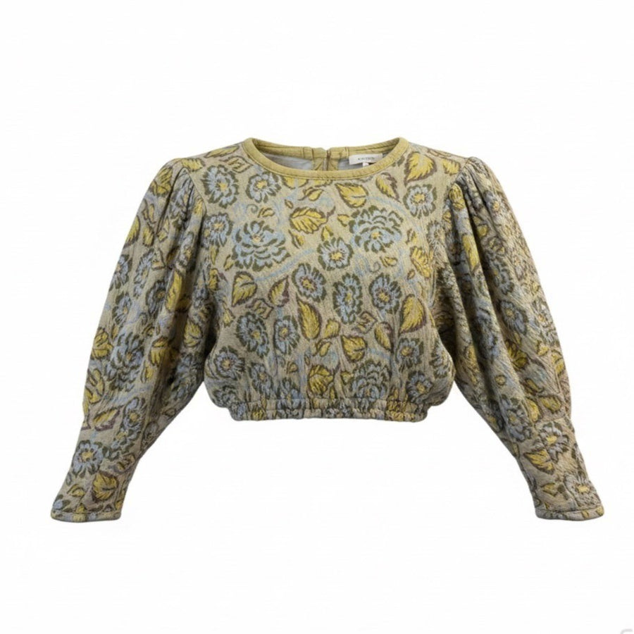 Free People Womens Yellow & Blue Cotton Floral Puff Sleeve Cropped Top Sz XS