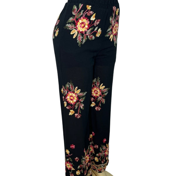 Liv Los Angeles Women’s Black Floral Embroidered Wide-Leg Pants Sz S - New