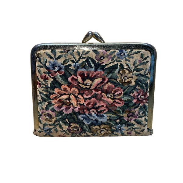 Vintage Womens Floral Tapestry Gold Metal Frame Triple Magnification Dual Mirror