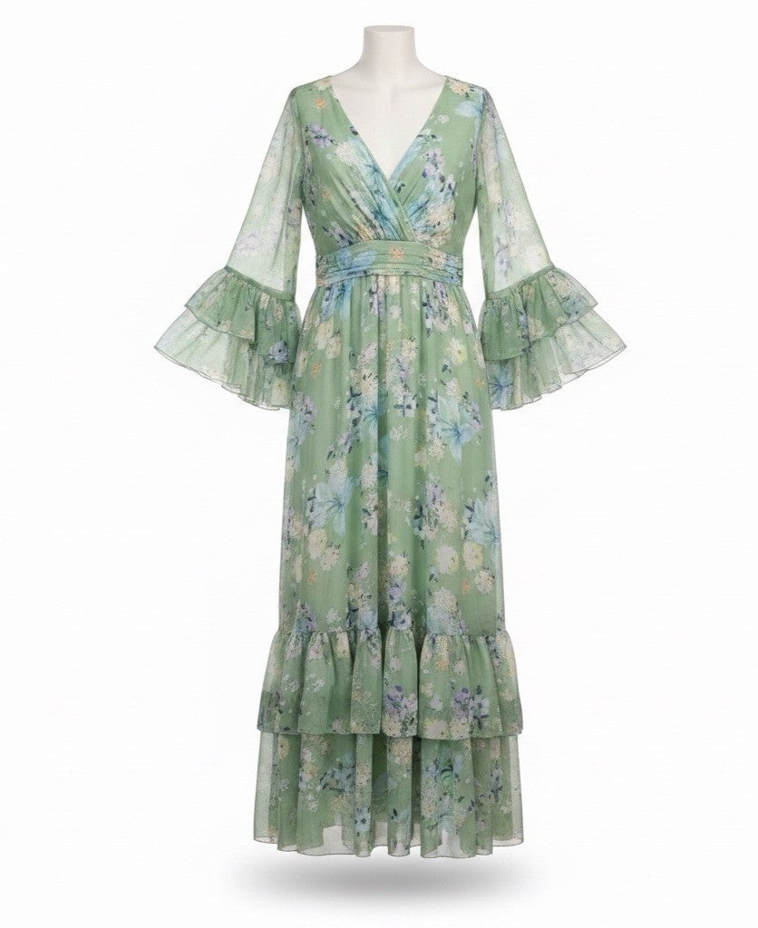 Mac Duggal Womens Green Floral Polyester Maxi Dress Elegant Bell Sleeves Sz 16