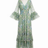 Mac Duggal Womens Green Floral Polyester Maxi Dress Elegant Bell Sleeves Sz 16