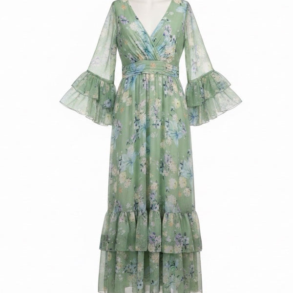 Mac Duggal Womens Green Floral Polyester Maxi Dress Elegant Bell Sleeves Sz 16