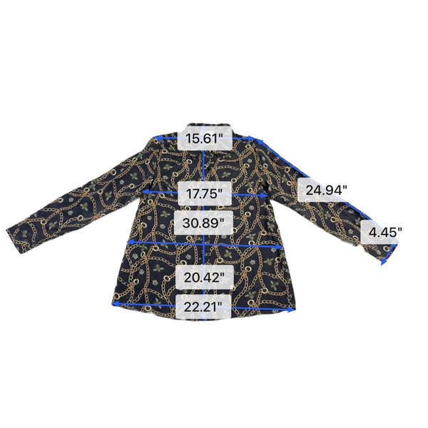 D2 Womens Black Gold Chain Bee Pattern Button-Up Blouse Long Sleeves Size M