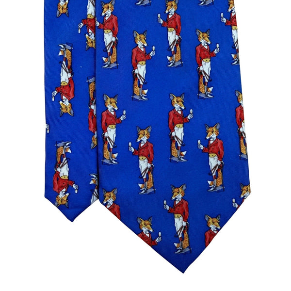 Fox & Chave Mens Blue 100% Silk Novelty Tie With Fox Hunt Pattern Hand Made