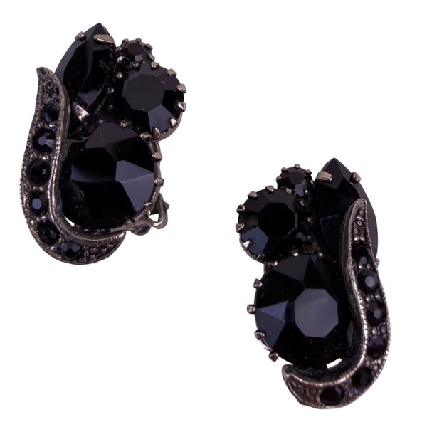 Black Crystal Womens Clip-On Earrings Dark Metal Vintage Style Elegant Sz S