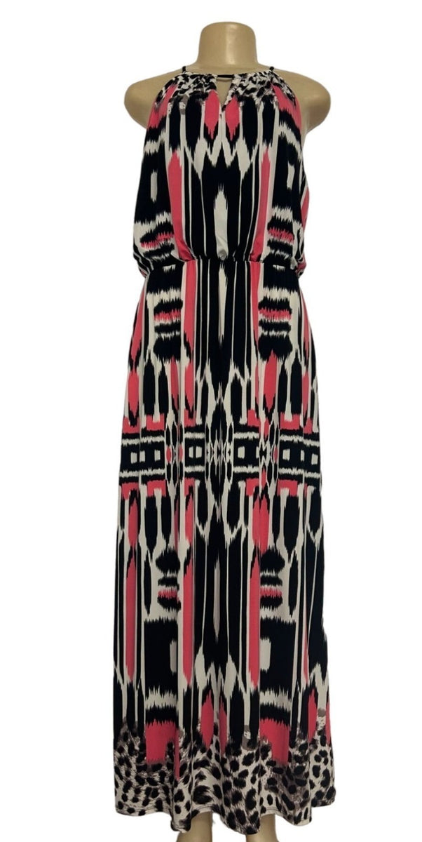 London Style Collection Womens Maxi Dress 12P Pink & Black Abstract Print Sleeve