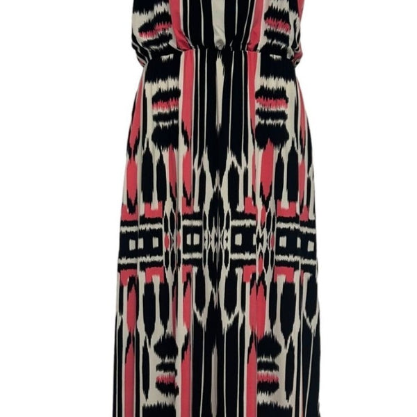 London Style Collection Womens Maxi Dress 12P Pink & Black Abstract Print Sleeve