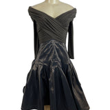 Tadashi Off-The-Shoulder Ruched Long Sleeve Dress With Shiny Full Skirt Sz 2