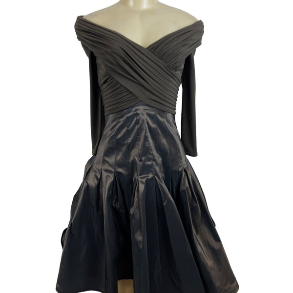 Tadashi Off-The-Shoulder Ruched Long Sleeve Dress With Shiny Full Skirt Sz 2