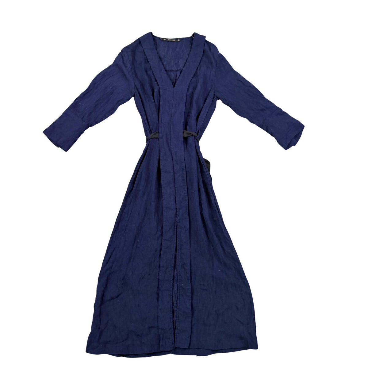 Zara Basic Womens Navy Cotton Long-Sleeve Maxi Wrap Dress With Tie Belt Sz  M