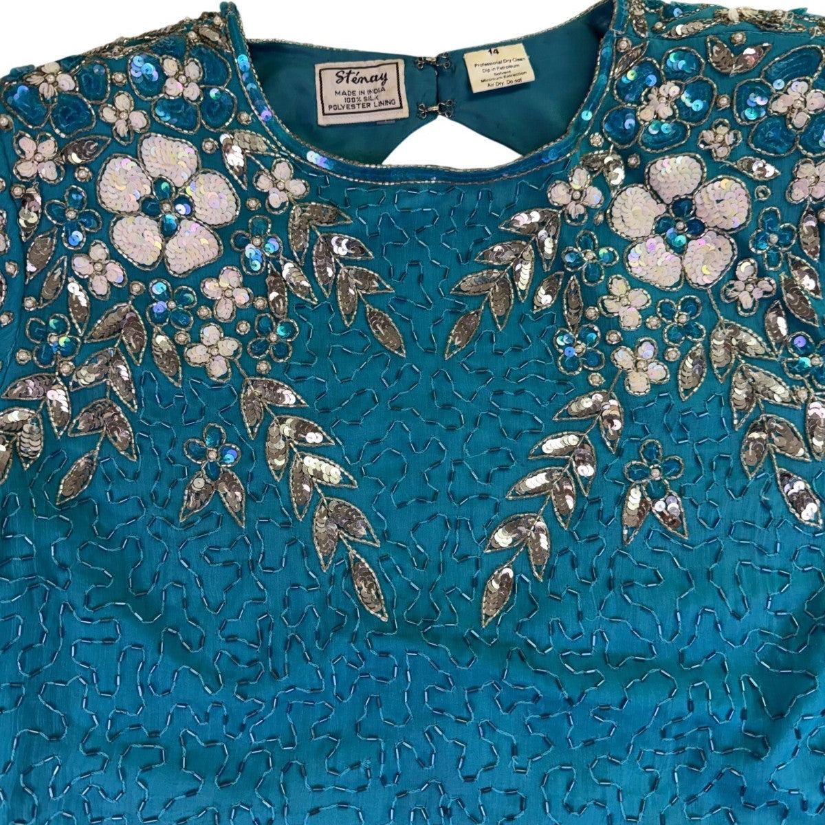 Sténay Womens Teal Beaded Sequin Floral Silk Evening Cocktail Dress Size 14
