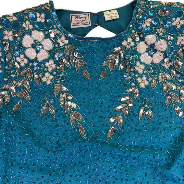 Sténay Womens Teal Beaded Sequin Floral Silk Evening Cocktail Dress Size 14