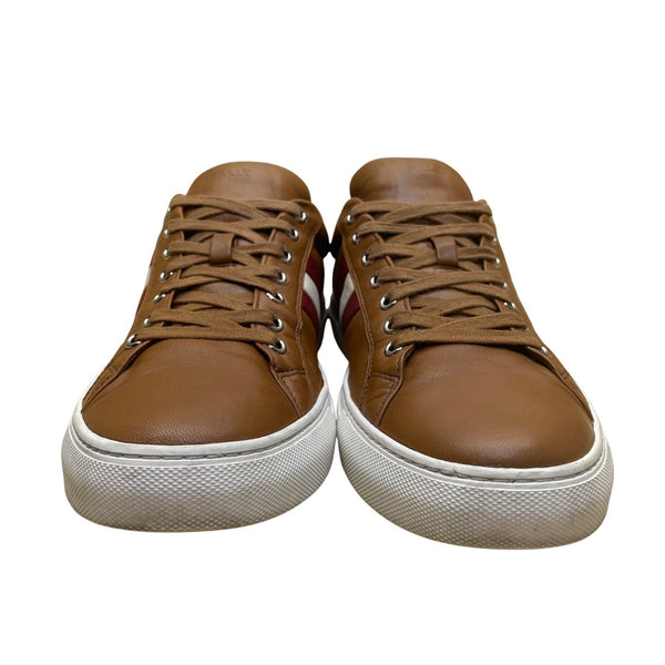 Bally Men’s Brown Leather White & Red Stripe Low-Top Casual Sneakers Size US10.5