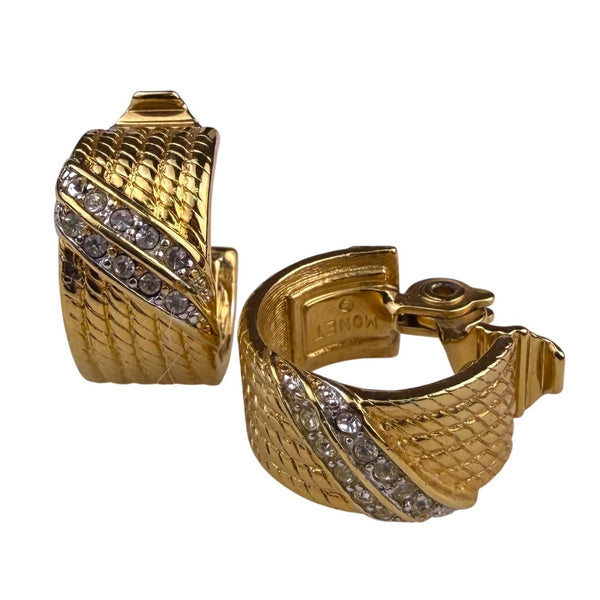Monet Womens Gold Tone Metal Rhinestone Clip-On Hoop Earrings