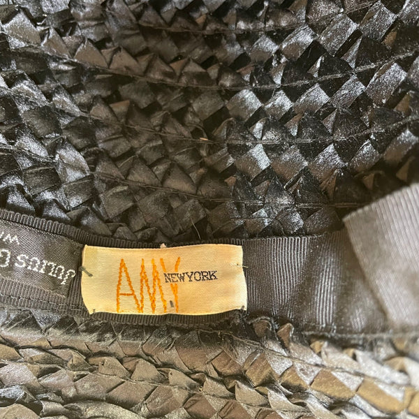 Vintage Amy NY Womens Black Straw Hat Woven Design Medium Julius Garfinkel & Co