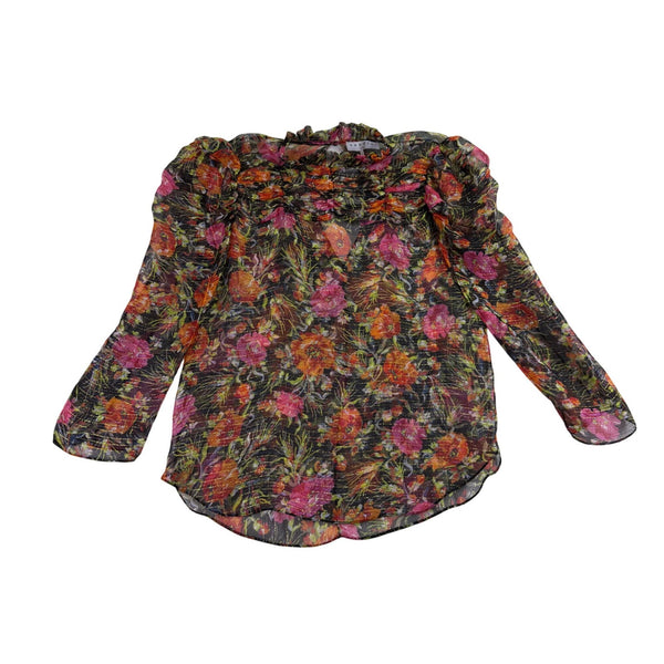 Sandro Womens Black Floral Print Sheer Blouse With Ruffled Details Size 1