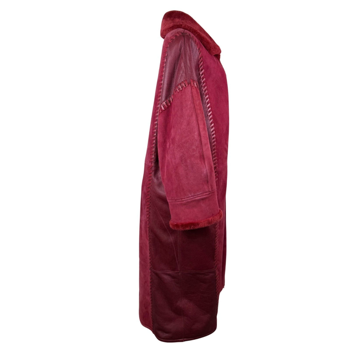Oscar De La Renta Womens Red Shearling & Leather Long Coat Button Detail Size 8