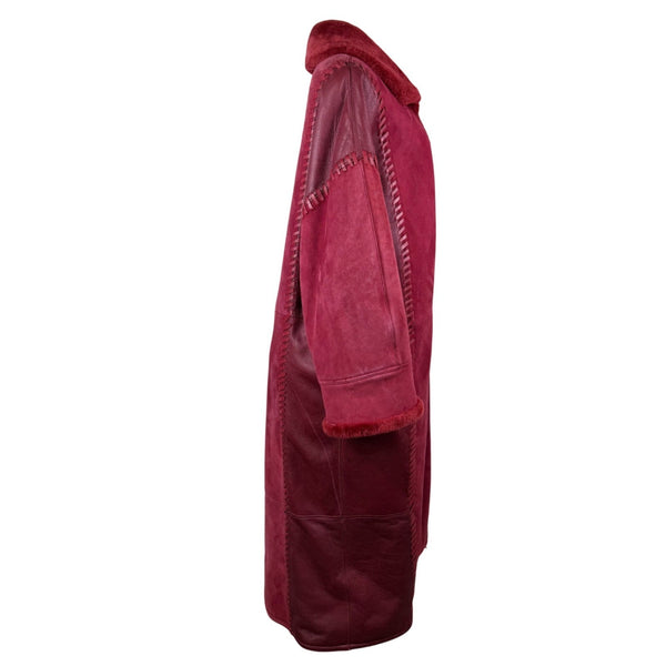 Oscar De La Renta Womens Red Shearling & Leather Long Coat Button Detail Size 8