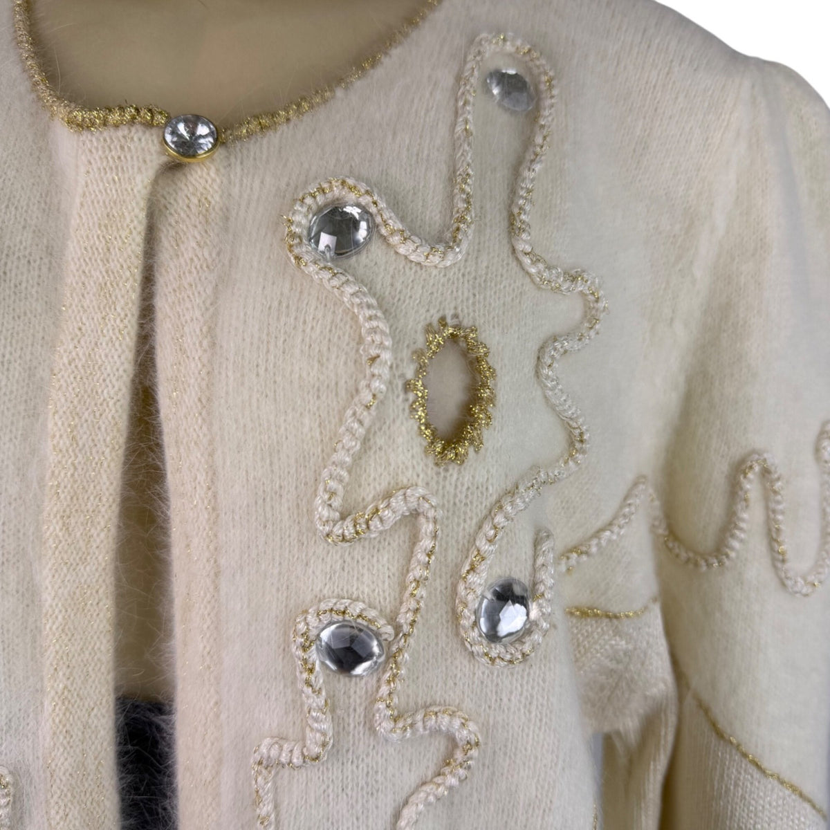 Vintage Madeleine Womens Ivory Embellished Cardigan Long Sleeve Open Front Sz L