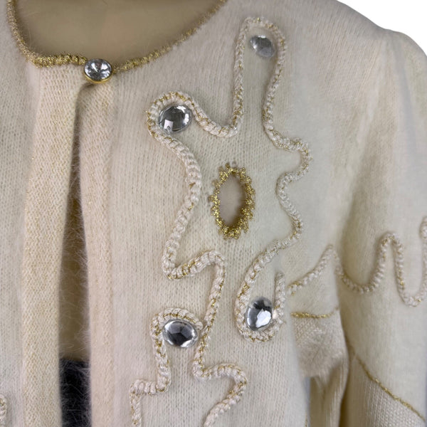 Vintage Madeleine Womens Ivory Embellished Cardigan Long Sleeve Open Front Sz L
