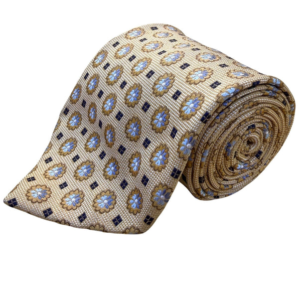 Ermenegildo Zegna Mens Gold Blue Silk Floral Pattern Neck Tie