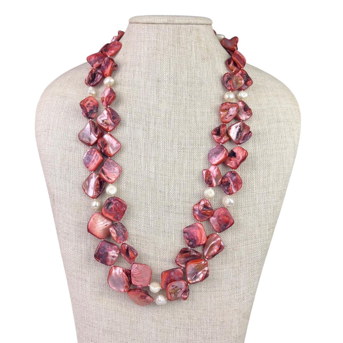 Red Pink Handmade Womens Long Shell Beaded Necklace Unique & Stylish Design