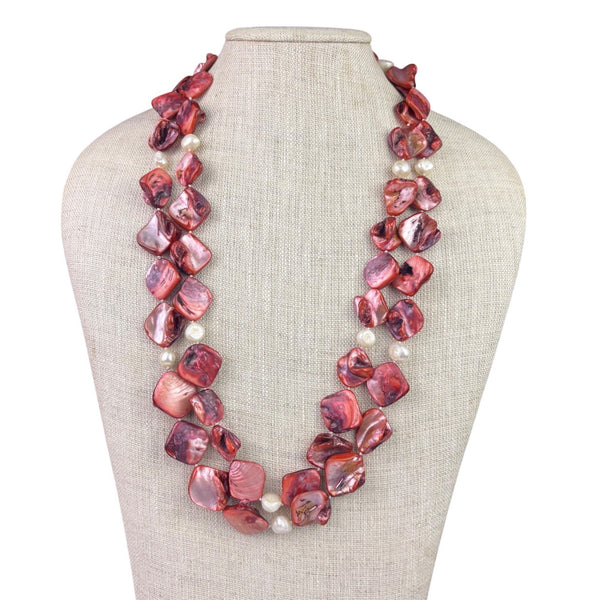 Red Pink Handmade Womens Long Shell Beaded Necklace Unique & Stylish Design