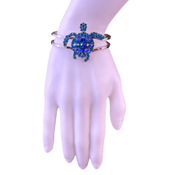Silver Tone Womens Blue Rhinestone Turtle  Bracelet Adjustable Charm Jewelry